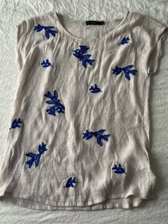 THML Tops - THML Beige Top with Blue Embroidered Floral Motif